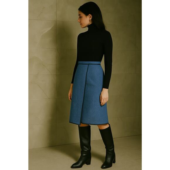 VTG Giorgio Sant’Angelo Wool Wrap Skirt 4 Blue Piping, Dark Academia Office Twee - Picture 1 of 12